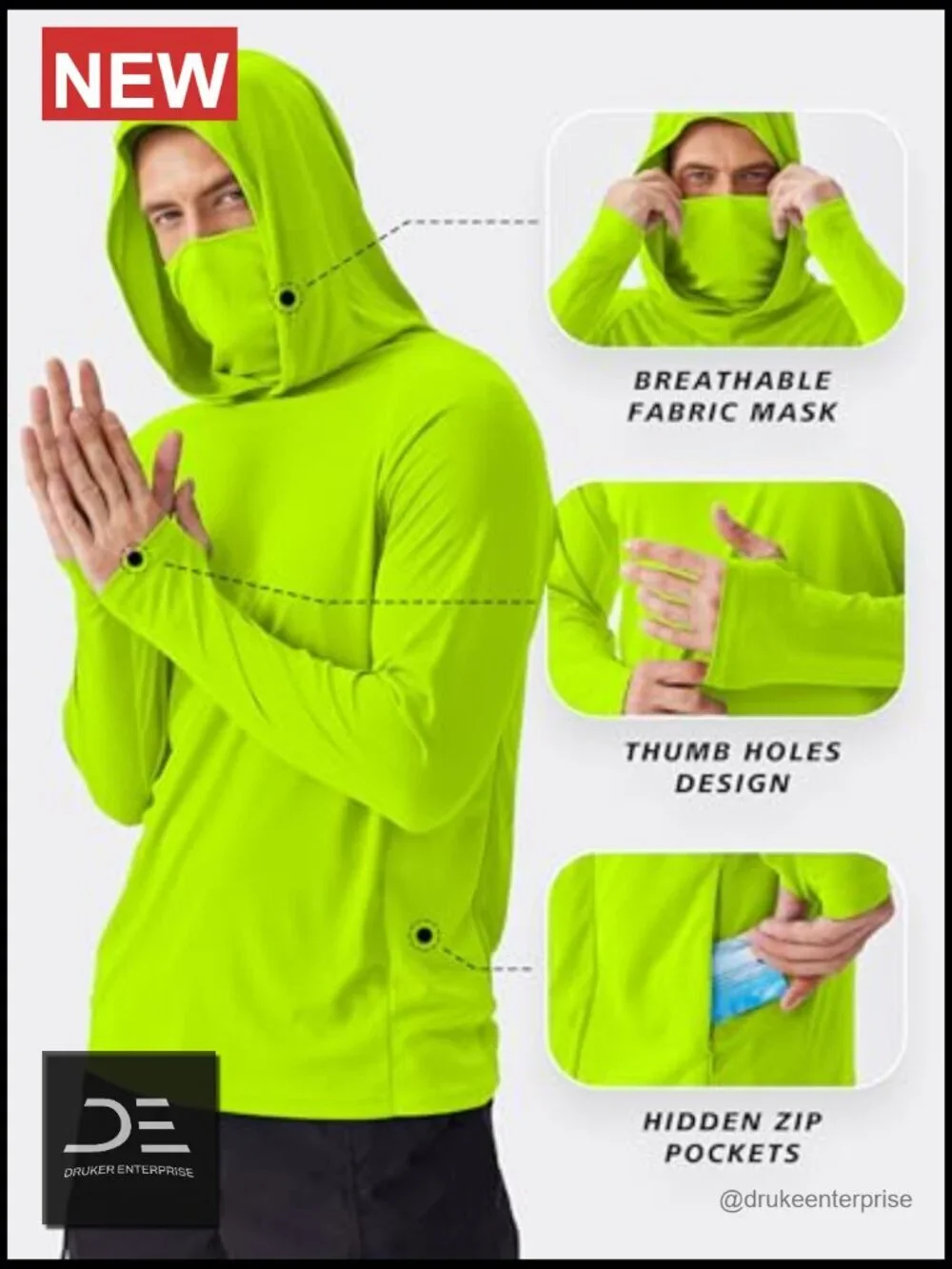 Men's UPF 50+ Sun Protection Hoodie Rash Guard Long Sleeve Fishing Hiking Shirt